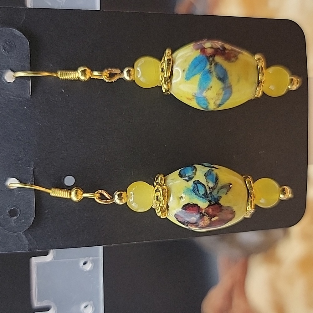 New Artisian Yellow Burgandy Blue Glass Beaded Gold Tone Sheperd Hook Earrings